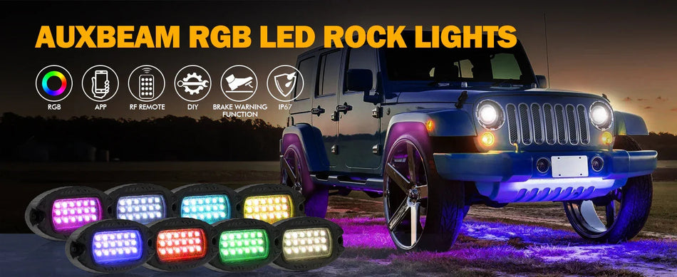 RGB LED ROCK LIGHTS KIT WITH BLUETOOTH APP & WIRELESS REMOTE CONTROL, MULTICOLOR NEON UNDERGLOW LIGHTS WITH BRAKE LIGHT FUNCTION FOR ATV UTV