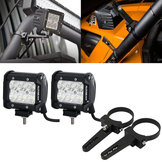 4 inch Classic-SM Series Dual Row LED Pod Lights Flood Beam & 2.5 Inch Bull Bar Roll Cage Clamps Mounting Brackets Combo