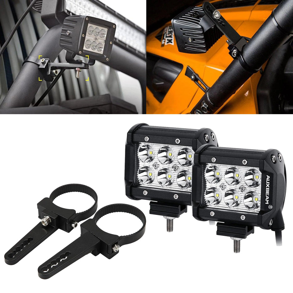 4 inch Classic-SM Series Dual Row LED Pod Lights Flood Beam & 2.5 Inch Bull Bar Roll Cage Clamps Mounting Brackets Combo