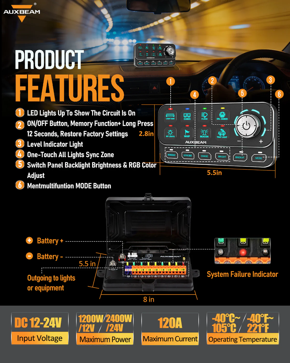 KS-80 Knob RGB Switch Panel MAX 120A ,Light Dimming, Dynamic Chase, Four External Triggers, 4 Modes