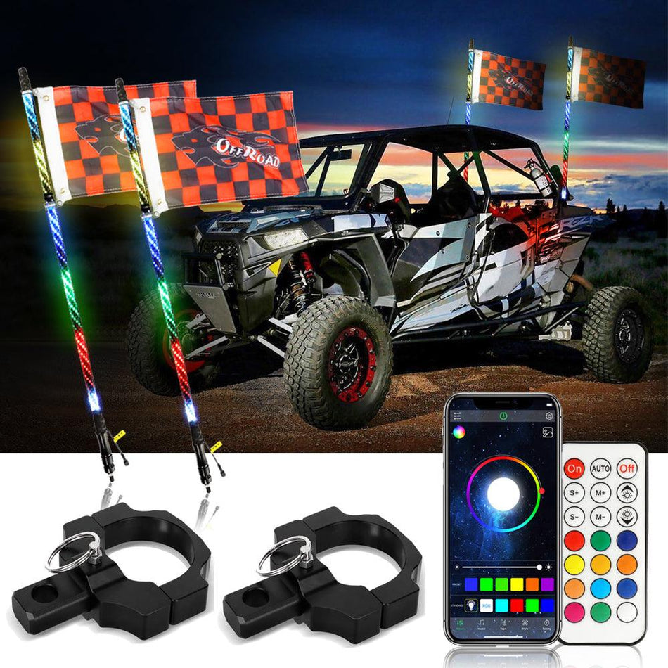 3FT/4FT LED RGB Whip Lights with Bluetooth/ Remote Controlled + Whip Light Mounting Brackets